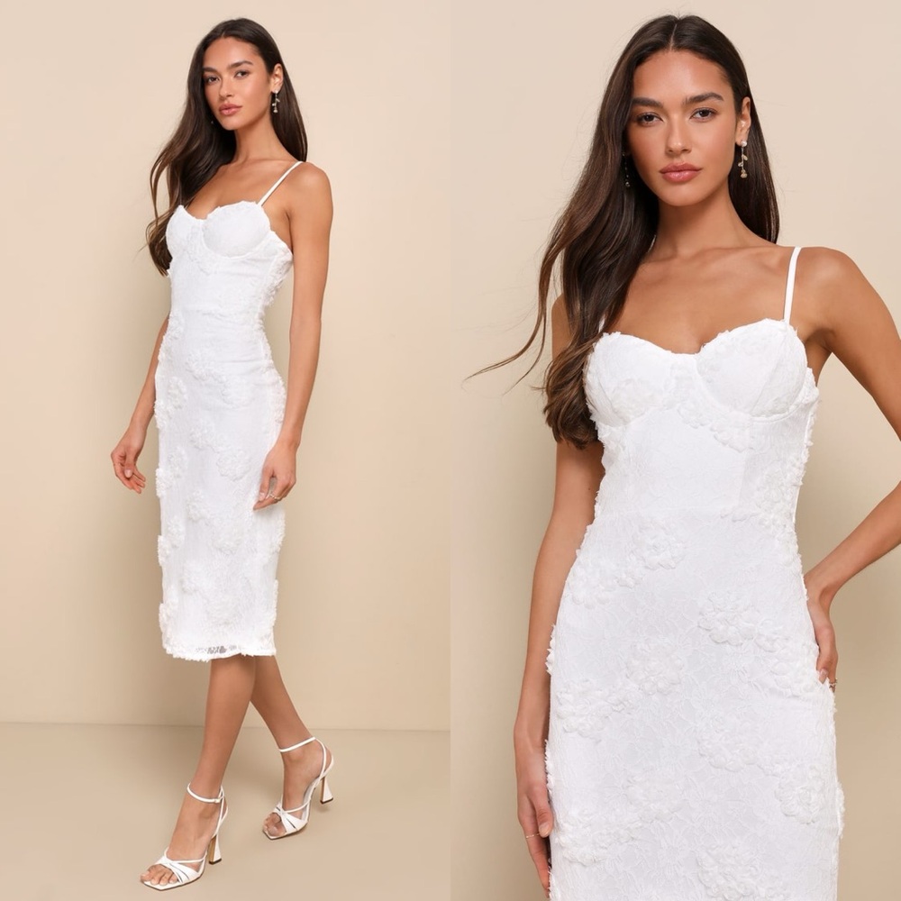 Lulu’s Sultry Romantic White Lace Bustier Bodycon Midi Dress